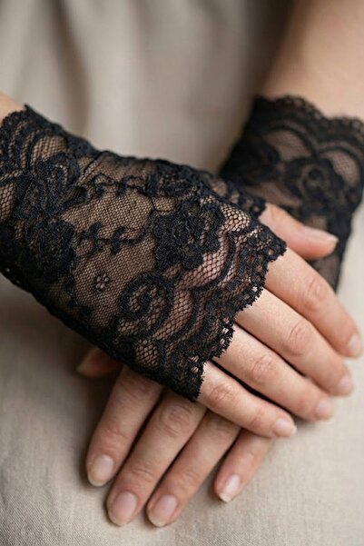 Hobigram Velmirel Lace Siyah Gelin Eldiveni – Dantel İşlemeli Vintage Şıklık Nikah & Düğün Aksesuarı
