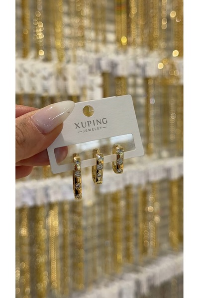 SU PERİSİ TAKI BİJUTERİ XUPİNG KARARMAZ 14K GOLD 3 LÜ ÜSTÜ TAŞLI DİKDÖRTGEN KÜPE
