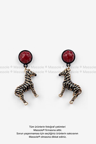 MASSOLE ®   Women's Zebra Figured Gold Detailed Dangle Earrings - Red Stone E...