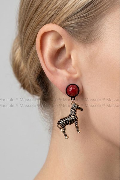 MASSOLE ®   Women's Zebra Figured Gold Detailed Dangle Earrings - Red Stone Exotic Animal Design Bijoux Earrings - Stylish and Modern Everyday Accessory - Ideal Jewelry for Night and Daytime Elegance