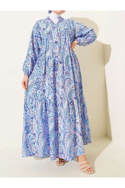 Lavanta Tekstil Mixed Pattern Stone Buttoned Dress