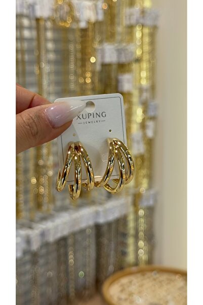 SU PERİSİ TAKI BİJUTERİ XUPİNG KARARMAZ 14K GOLD 3 LÜ GÖRÜNÜMLÜ HALKA KÜPE