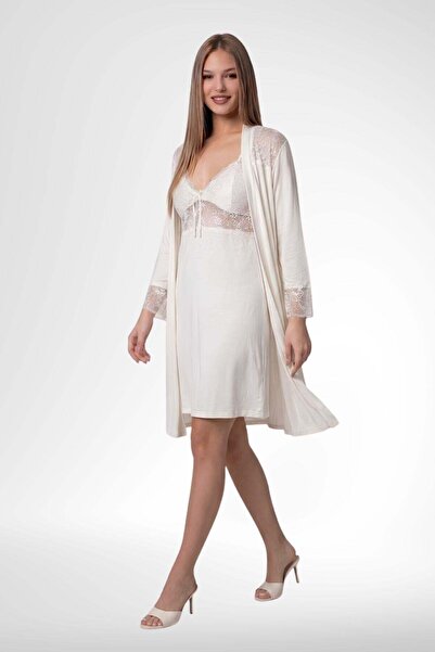 Mecit Pijama طقم ثوب نوم نسائي من قماش الفيسكون من Mecit 6381 Ecru