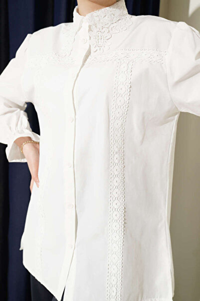 Lavanta Tekstil Πουκάμισο με δαντελένιο γιακά και ελαστικό λάστιχο στον αστρά...