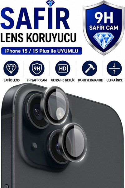 SONREİR iPhone 15 / 15 Plus Black Metal Camera Lens Protector Sapphire Glass ...