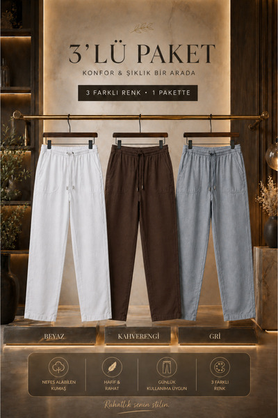 DAMGA JEANS 3 τεμάχια ανδρικά ελαστικά καλοκαιρινά λινά παντελόνια με ψηλή μέση