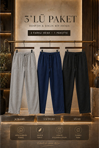 DAMGA JEANS 3 τεμάχια ανδρικά ελαστικά καλοκαιρινά λινά παντελόνια με ψηλή μέση