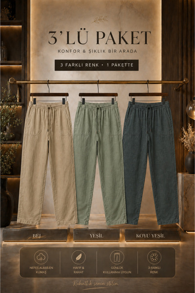 DAMGA JEANS 3 τεμάχια ανδρικά ελαστικά καλοκαιρινά λινά παντελόνια με ψηλή μέση