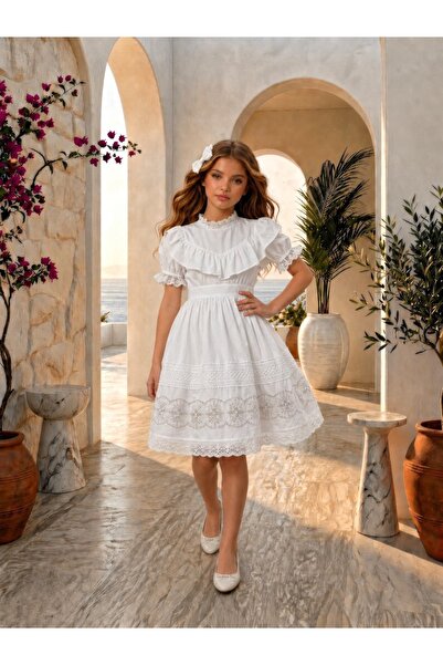 By Feyza Kids Collection Κοριτσίστικο βαμβακερό φόρεμα με δαντέλα και βολάν, ...