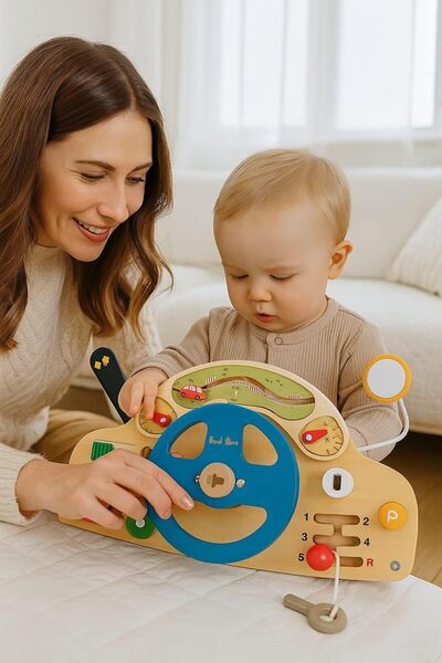 Brick Hues Montessori Wooden Car Steering Wheel Busy Board
