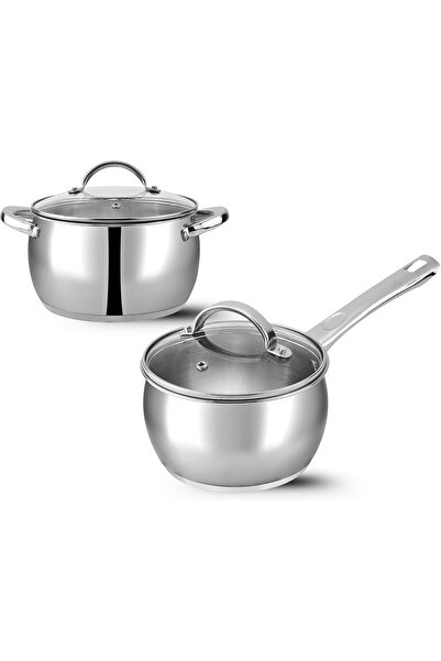 Vinod Letten Stainless Steel Cookware Set, 2.2 L Pot, 2.9 L Pot with Glass Li...