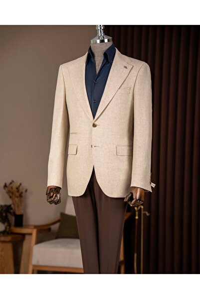 TerziAdemAltun İtalyan stil slim fit erkek mono yaka keten karışım ceket bej ...