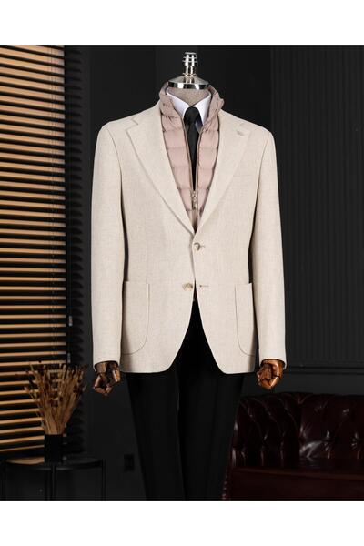 TerziAdemAltun İtalyan stil slim fit kapitone çıkma yaka torba cep ceket bej ...