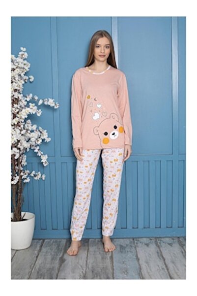 berfin Pajamas with Round Neck, Light Brown with Yellow, Animal Print, XL