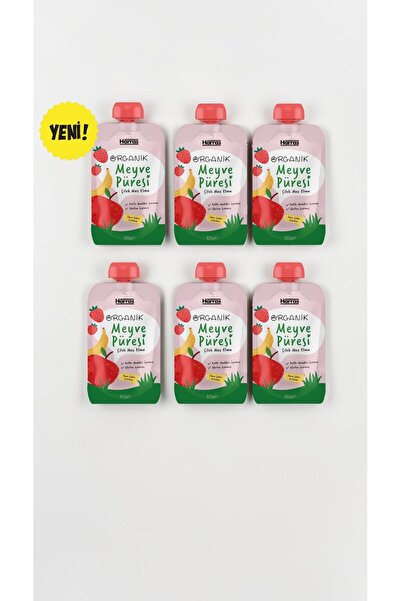 Harras Organik Meyve Püresi Çilek Muz Elma 100 g x 6 Adet - İlave Şekersiz Be...