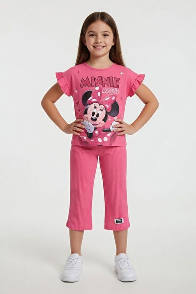Cansın Mini Ροζ μπλουζάκι με σχέδιο Minnie και παντελόνι με ραβδώσεις, σετ γι...