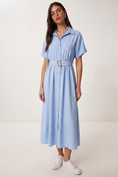 Lovelyİstanbul Καλοκαιρινό φόρεμα πουκάμισο με ζώνη LGX0009 ΜΠΛΕ ΤΟΥ ΟΥΡΑΝΟΥ