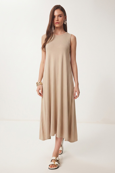 Lovelyİstanbul Καλοκαιρινό πλεκτό φόρεμα με τσέπες LRN0032 ΜΠΕΖ