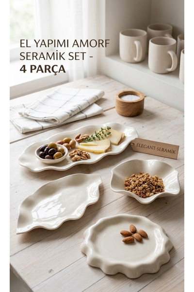 Arden Ceramic El Yapımı Amorf Seramik 4’lü Sunum Seti - Organik Formlu Modern...