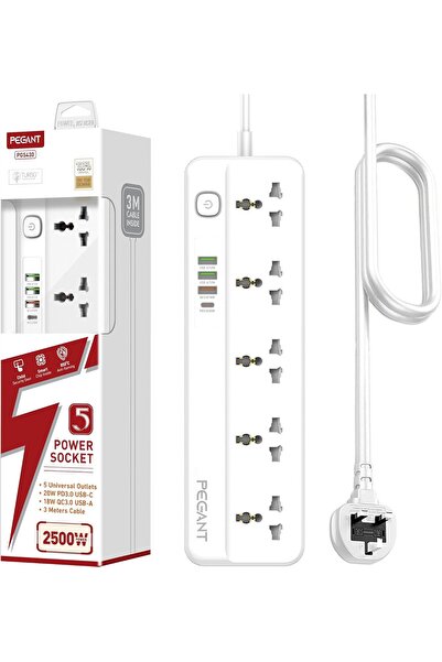 PEGANT 5 Way Power Extension Cord with USB, 1x 20W USB-C PD, 3x USB-A QC Fast...