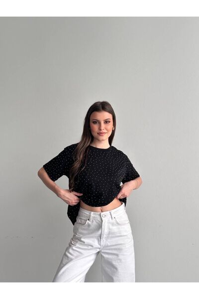 mylunessa Μπλουζάκι από ύφασμα Modal σε μαύρο χρώμα με στρας και oversized εφ...