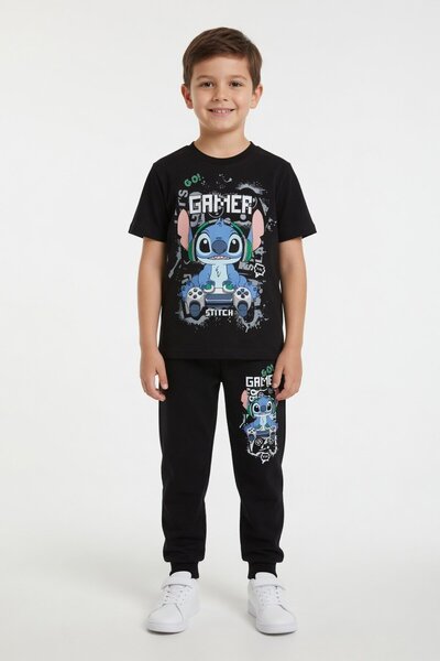 Cansın Mini Μαύρο μπλουζάκι με στάμπα χαρακτήρων gamer και σετ φόρμας για αγό...