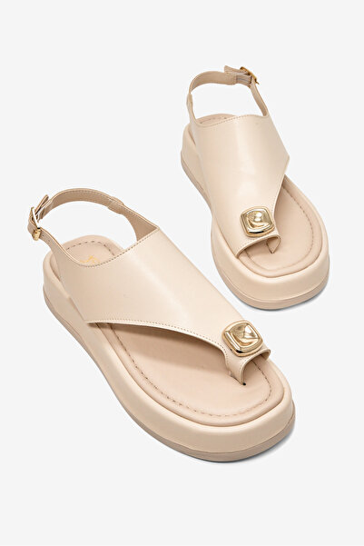 Tonny Black Women's Beige Comfortable Fit Sandals with Stone Toe Detail