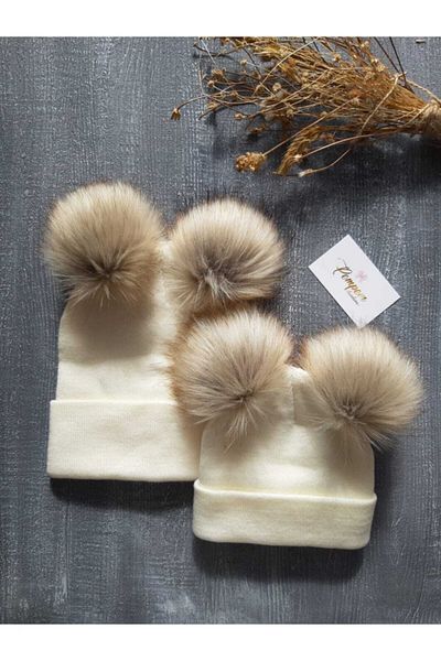 pempem bandana Mother and Daughter Natural Pompom Beret Set