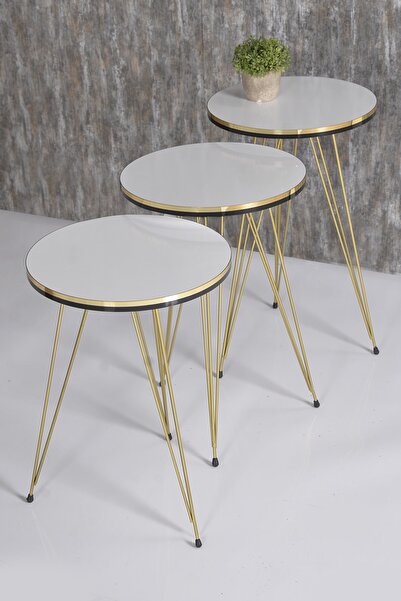 GOLDFALEZ Zigon Sehpa Ve Orta Sehpa Kr Set Çift Gold Beyaz Tel Ayak