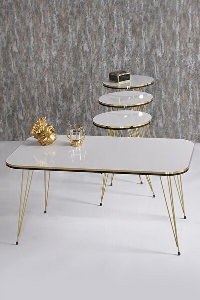 GOLDFALEZ Zigon Sehpa Ve Orta Sehpa Kr Set Çift Gold Beyaz Tel Ayak