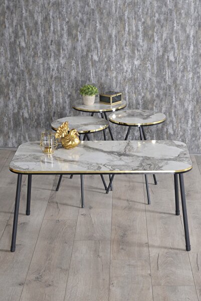 GOLDFALEZ Zigon Sehpa Ve Orta Sehpa Kr Set Siyah Metal Ayak Çift Altın Efes