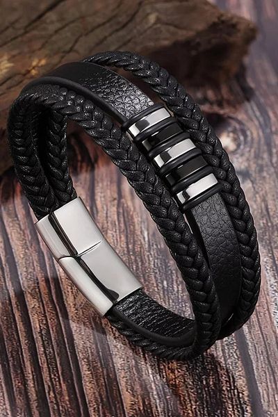 Gogoey Men's Bracelet Genuine Leather - Black Silver Straw Knitted Stylish Modern