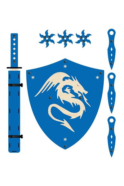 Ahtek Set of 4 Wooden Samurai - Shield, Katana, Ninja Star and Kohga Kunai, Blue