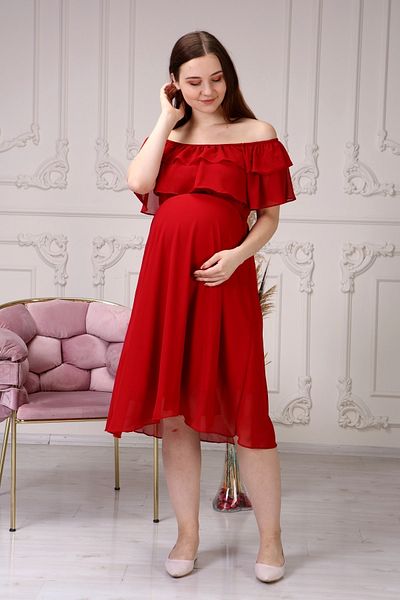 Azra Style Women's Maternity Red Carmen Collar Chiffon Belted Dress through the Shoulder