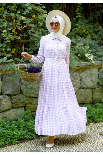 Feiza Collection Desenli Tesettür Elbise - Mor