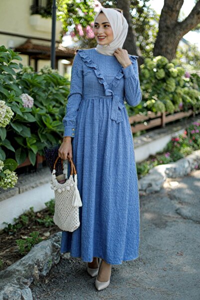 Feiza Collection Yakası Fırfırlı Tesettür Elbise - Indigo