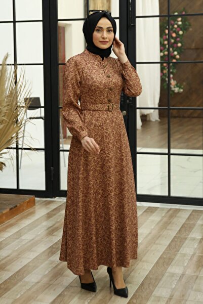 Feiza Collection Desenli Tesettür Elbise - Gül Kurusu