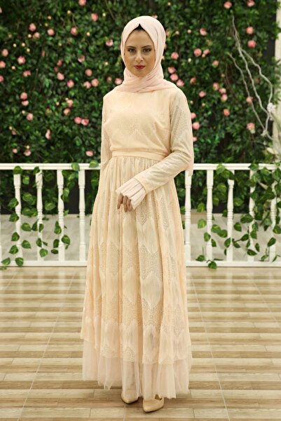 Feiza Collection Dantel Detaylı Tesettür Elbise - Somon