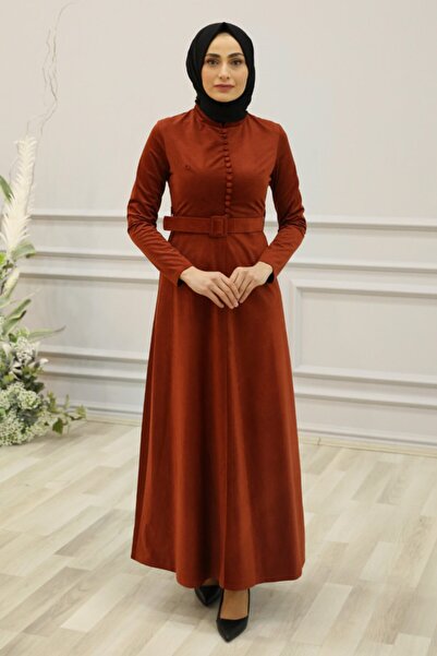 Feiza Collection Fitilli Kumaş Tesettür Elbise - Kiremit