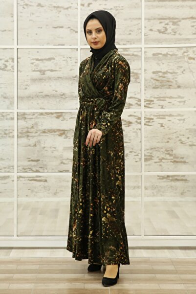 Feiza Collection Çiçek Desenli Kadife Tesettür Elbise - Haki