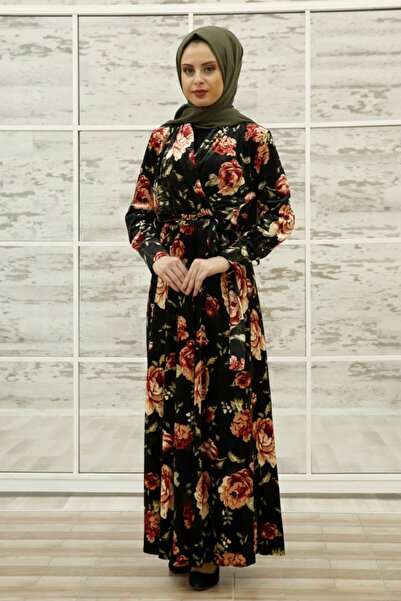 Feiza Collection Çiçek Desenli Kadife Tesettür Elbise - Bordo