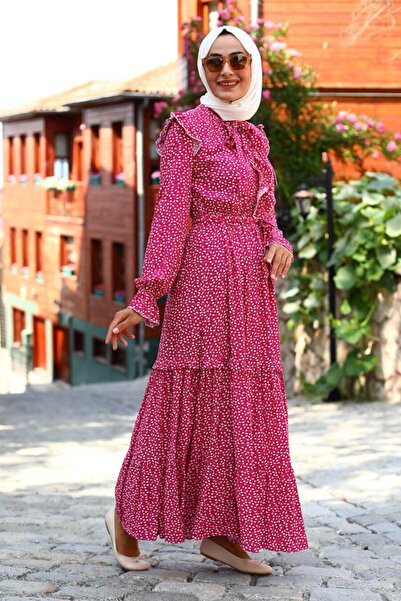 Feiza Collection Çiçek Desenli Fırfırlı Tesettür Elbise - Pembe
