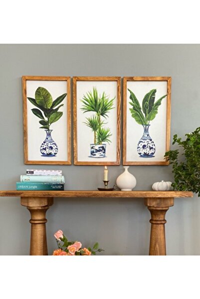 TrendTablom Çini Vazolu Yeşil Çiçekli Tablo Seti Ahşap Duvar Pano Çerçeve