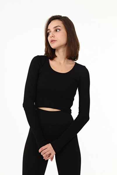 LAENT Γυναικεία μαύρη μακρυμάνικη μπλούζα με ραβδώσεις πλεκτή Crop