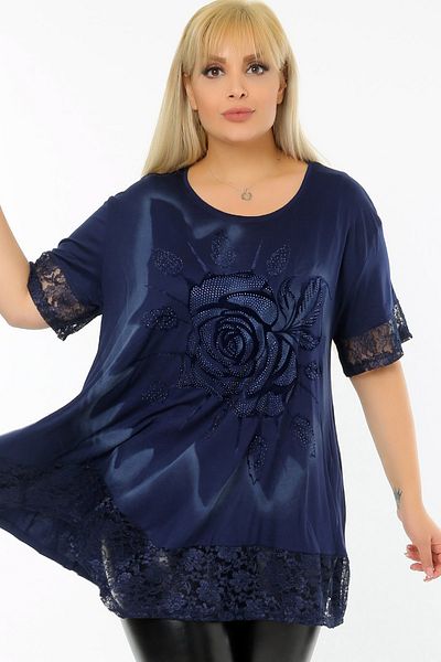 Kheos Short Sleeve Blouse with Flock Printed Rose Motif Skirt and Lace Sleeve End