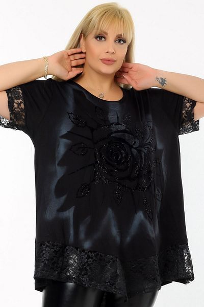 Kheos Short Sleeve Tunic with Flock Printed Rose Motif and Lace Skirt and Sleeve End