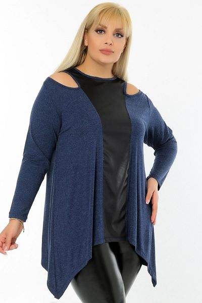 Kheos Long Sleeve Asymmetrical Blouse with Leather Blocks on the Collar and Front and Off-the-Shoulder