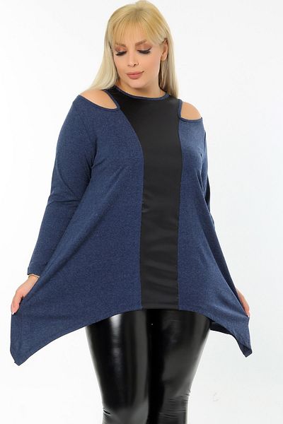 Kheos Long Sleeve Asymmetrical Blouse with Leather Blocks on the Collar and Front and Off-the-Shoulder