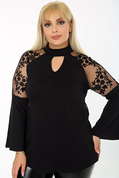 Kheos Women's Plus Size Chest-Length Flounce Printed Tulle Detailed Flounced Sleeve Blouse