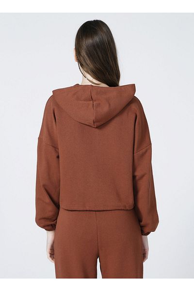 ONLY Hooded Short Plain Dark Brown Women's Sweatshirt